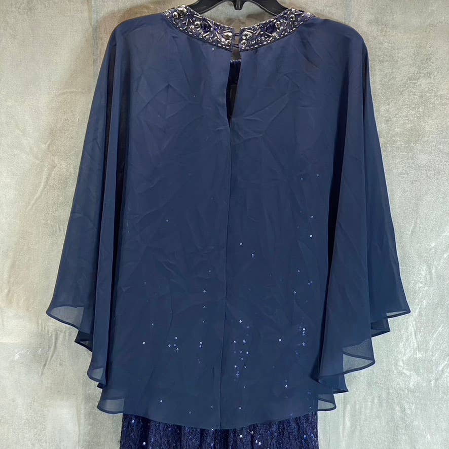 SLNY Women's Navy All-Over Lace Sequin Embellished Cape Maxi Gown SZ 4