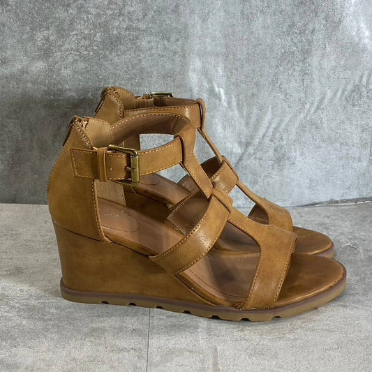 STYLE & CO Women's Brown Smooth Marionn Round-Toe Strappy Wedge Sandals SZ 8.5