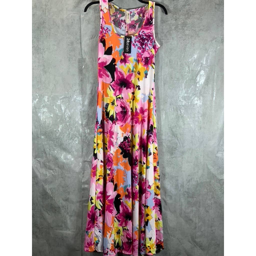 24SEVEN Comfort Apparel Women's Multi Floral Scoop-Neck Sleeveless Loose Maxi Casual Dress SZ M