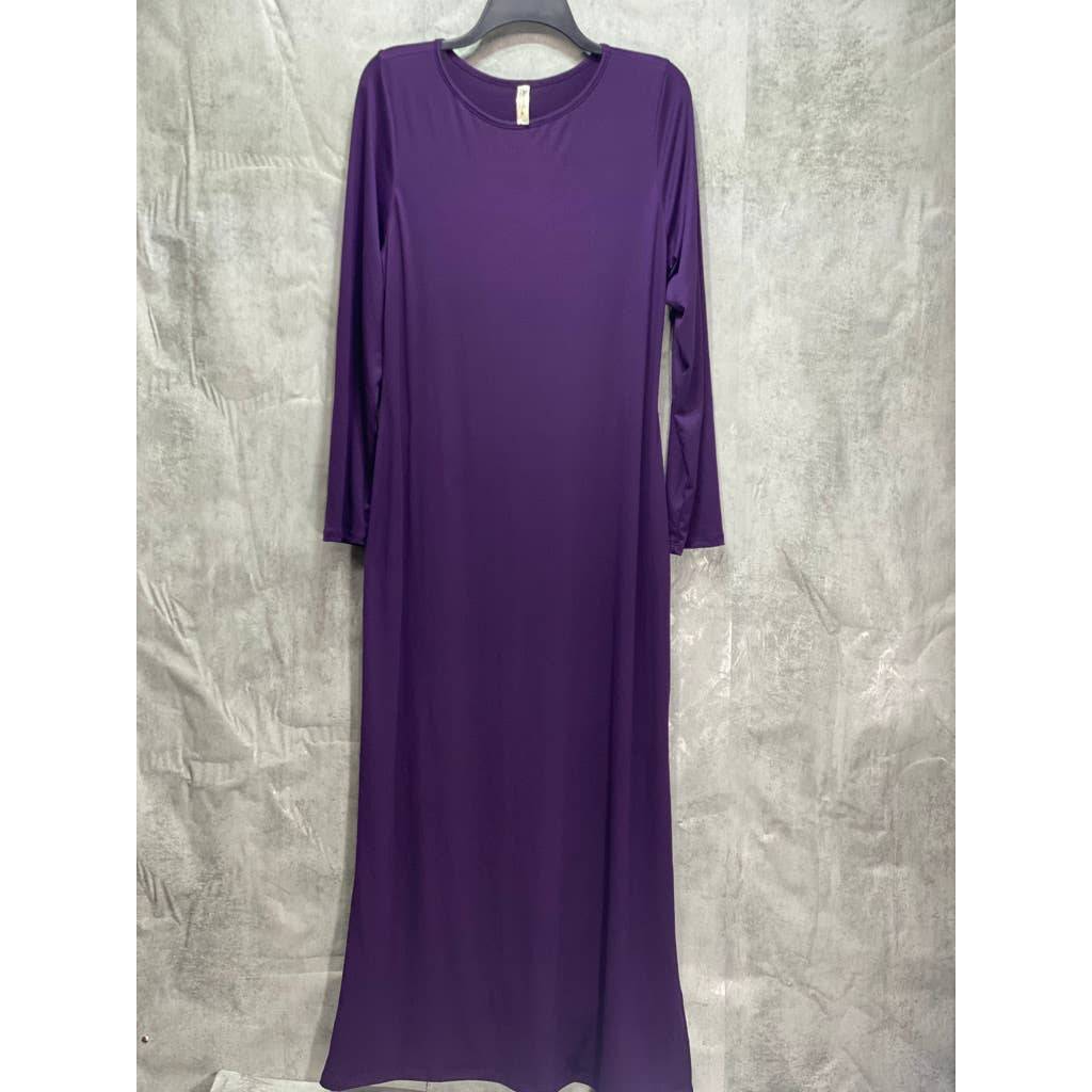 24SEVEN COMFORT APPAREL Purple Form Fitting Long Sleeve Side Slit Maxi Dress SZ XL