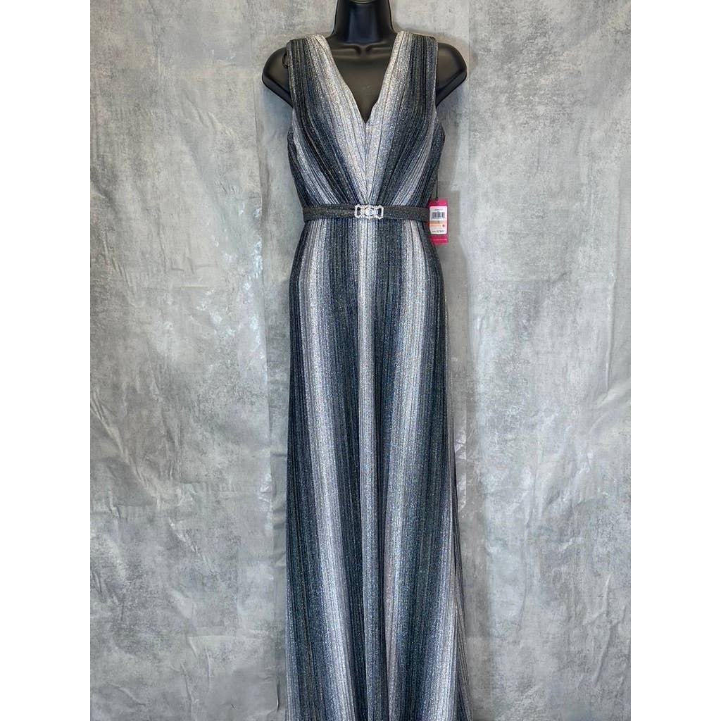 VINCE CAMUTO Women's Gunmetal Metallic Stripe Deep V-Neck Sleeveless Gown SZ 2