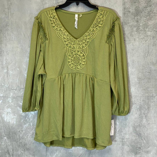 NY COLLECTION Women's Plus Size Martini Olive 3/4 Sleeve Knit Crochet Medallion Gauze Top SZ 2X