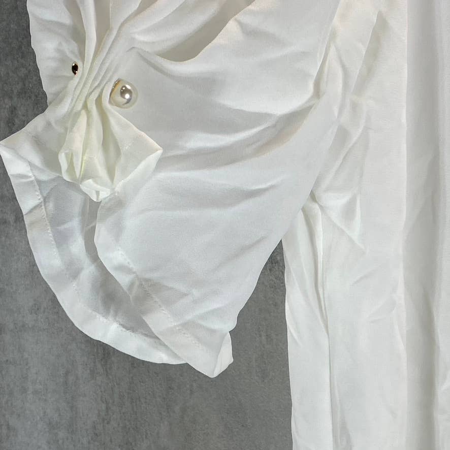DKNY Women's Linen White Crewneck Imitation-Pear-Trim Elbow-Sleeve Top SZ M