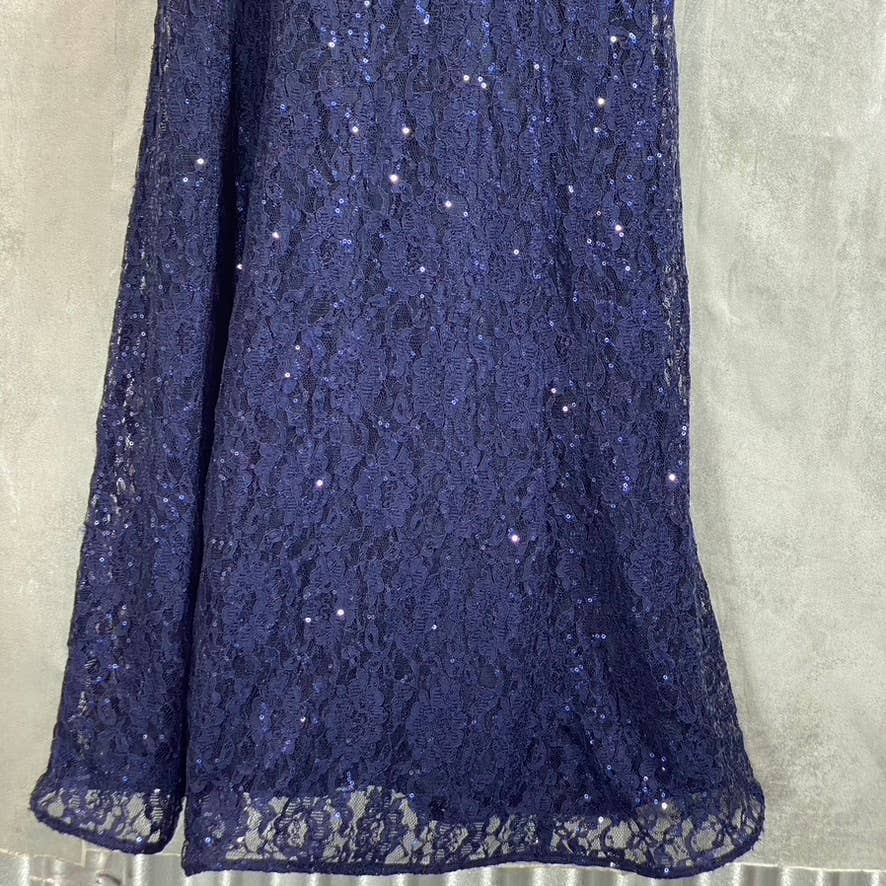 SLNY Women's Navy All-Over Lace Sequin Embellished Cape Maxi Gown SZ 4