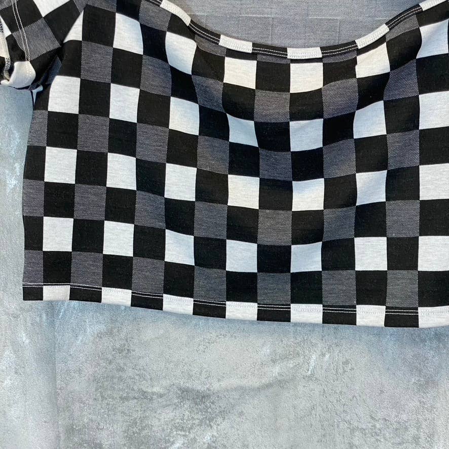 BP. Women's Black-White Aurora Plaid Crewneck Cutout Short Sleeve Top SZ XL