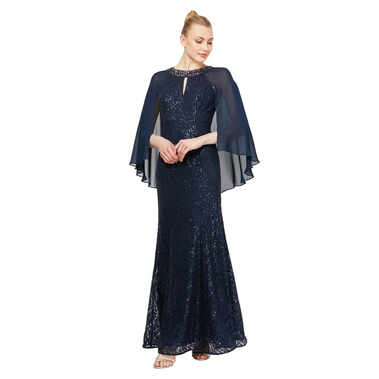 SLNY Women's Navy All-Over Lace Sequin Embellished Cape Maxi Gown SZ 4