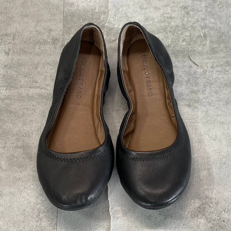 LUCKY BRAND Women's Black Leather Emmie Round-Toe Slip-On Ballet Flats SZ 6.5