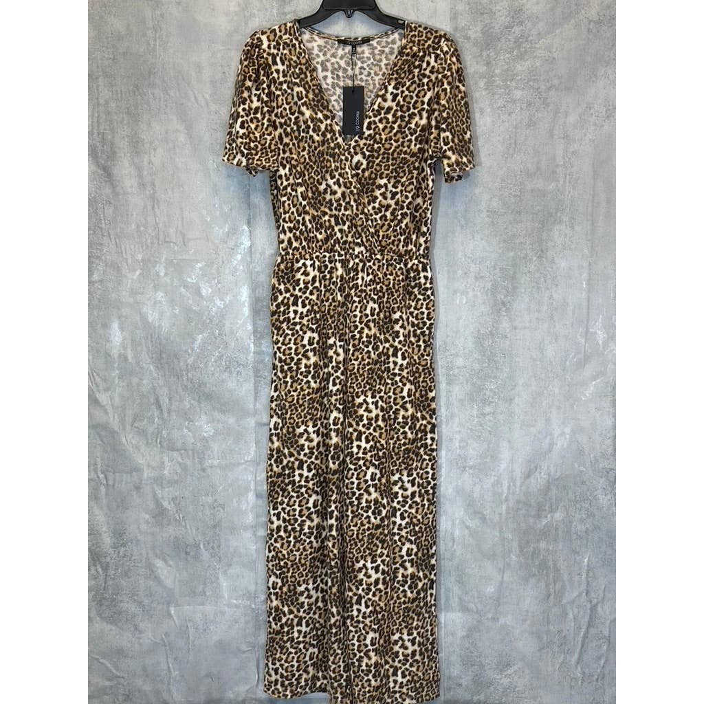 19 COOPER Women's Brown Overflow Leopard Print Surplice Wide Leg Jumpsuit SZ M