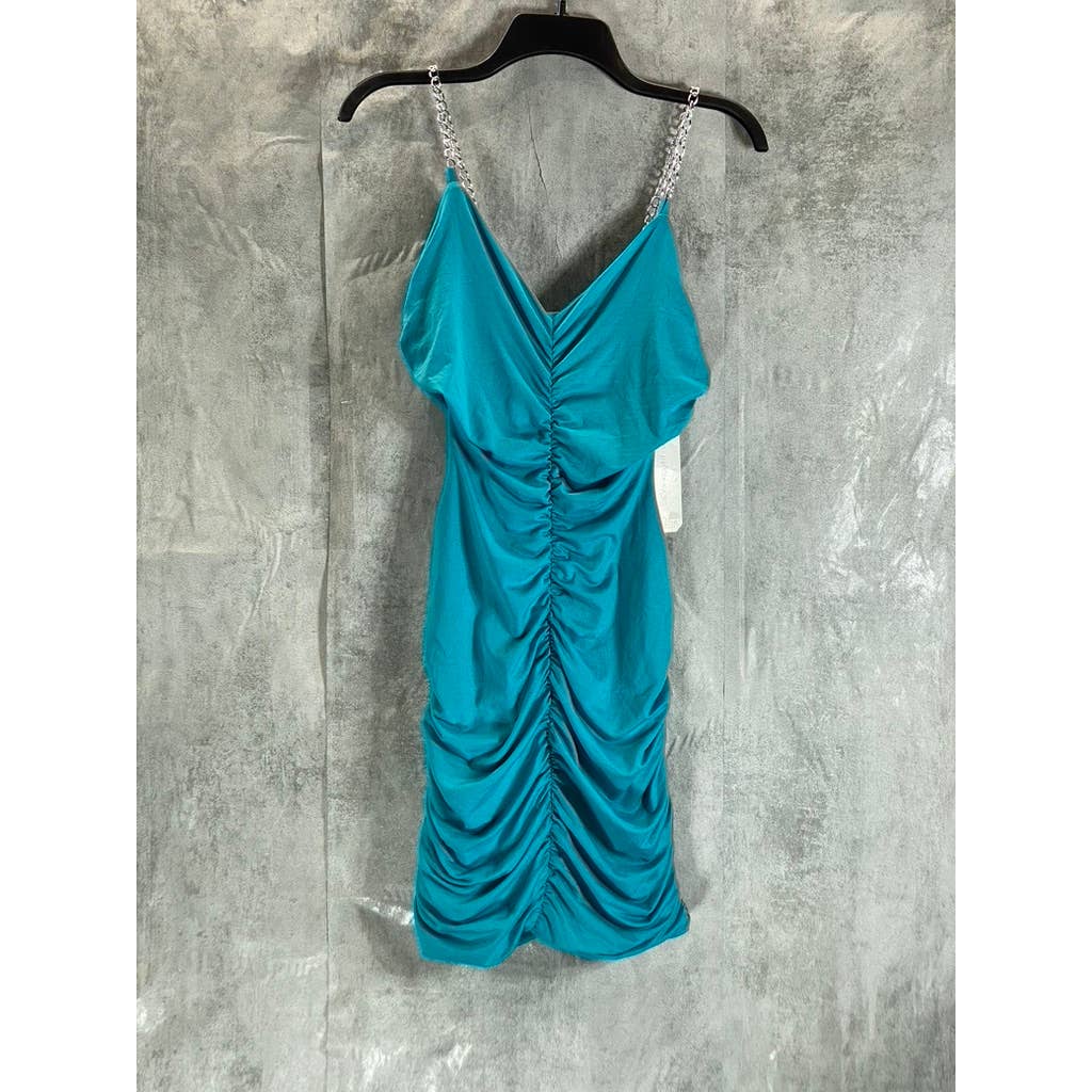 ALMOST FAMOUS Juniors' Aqua Chain-Strap Side Cutout Ruched Bodycon Dress SZ M