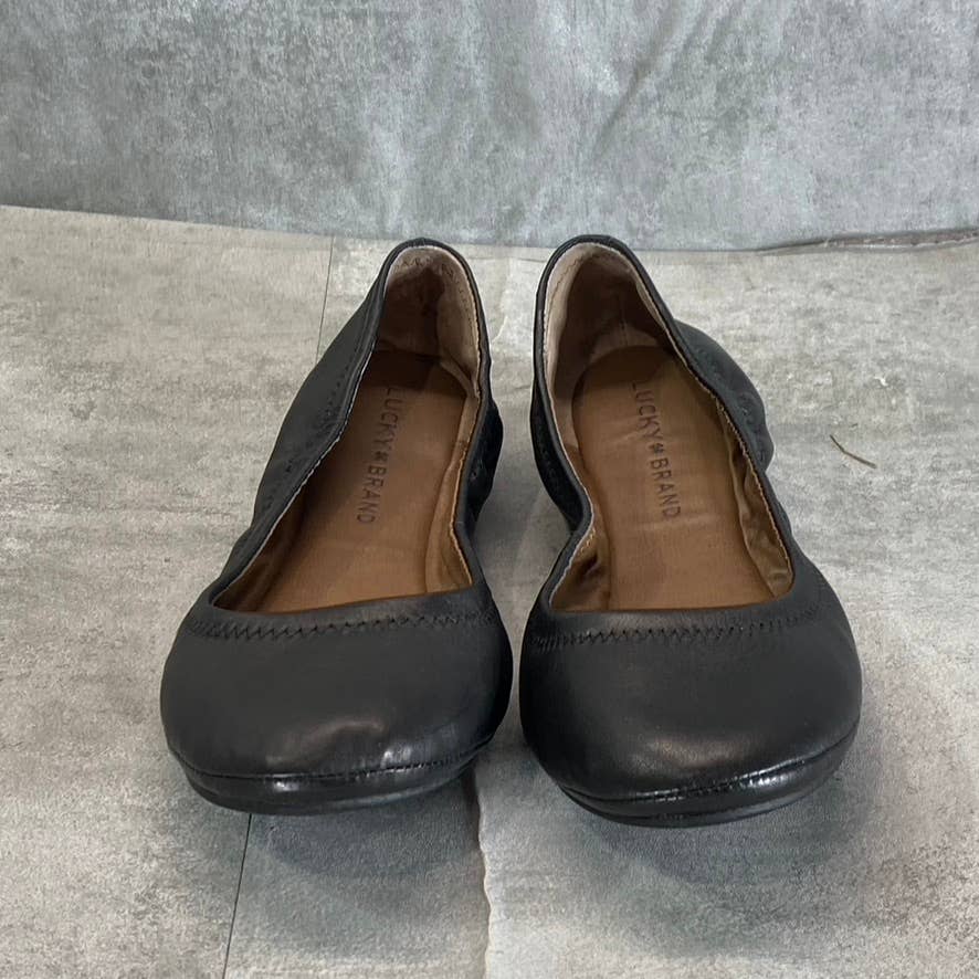LUCKY BRAND Women's Black Leather Emmie Round-Toe Slip-On Ballet Flats SZ 6.5