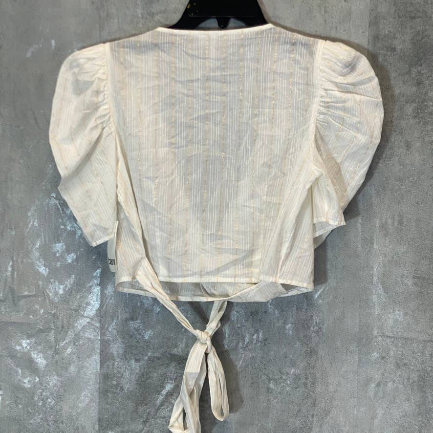 BAR III Women's Bright White Striped Detail Puff Sleeve V-Neck Wrap Blouse SZ S