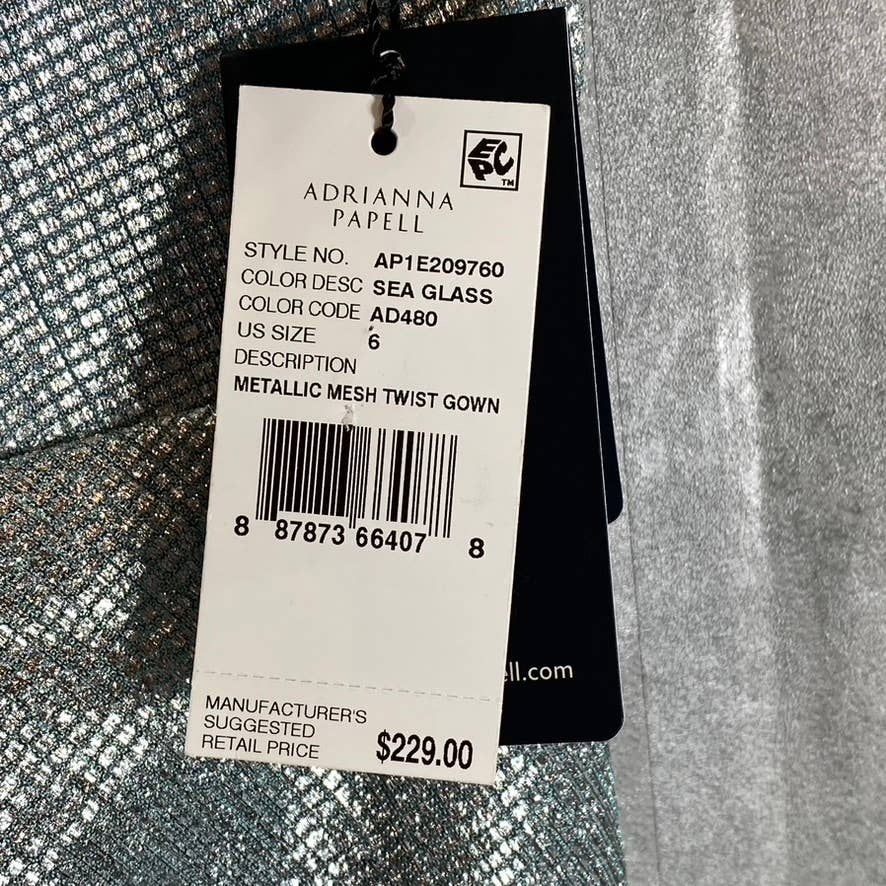 ADRIANNA PAPELL Women's Sea Glass Metallic Mesh Twist Short Sleeve Maxi Gown SZ6