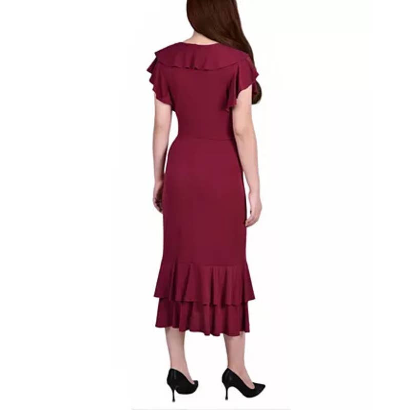 NY COLLECTION Women's Deep Burgundy Ruffle Faux-Wrap Flutter Sleeve Midi Dress L