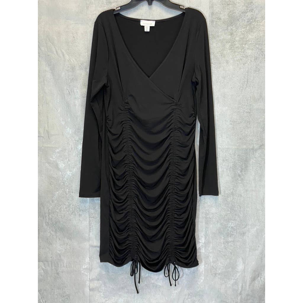 TOPSHOP Women's Solid Black V-Neck Ruched Side Slinky Long Sleeve Mini Dress SZ 10
