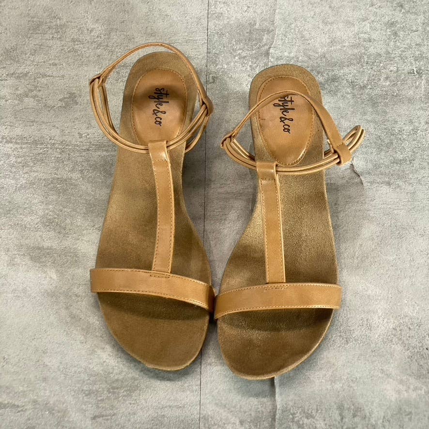 STYLE & Co Women’s Medium Tan Mulan T-Strap Slingback Wedge Sandals SZ 9.5