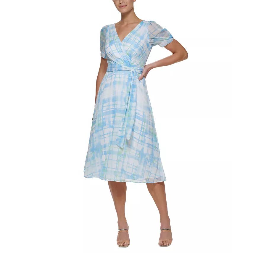 DKNY Women's Light Blue Plaid Faux-Wrap Puff Mesh-Sleeve Midi Dress SZ 8