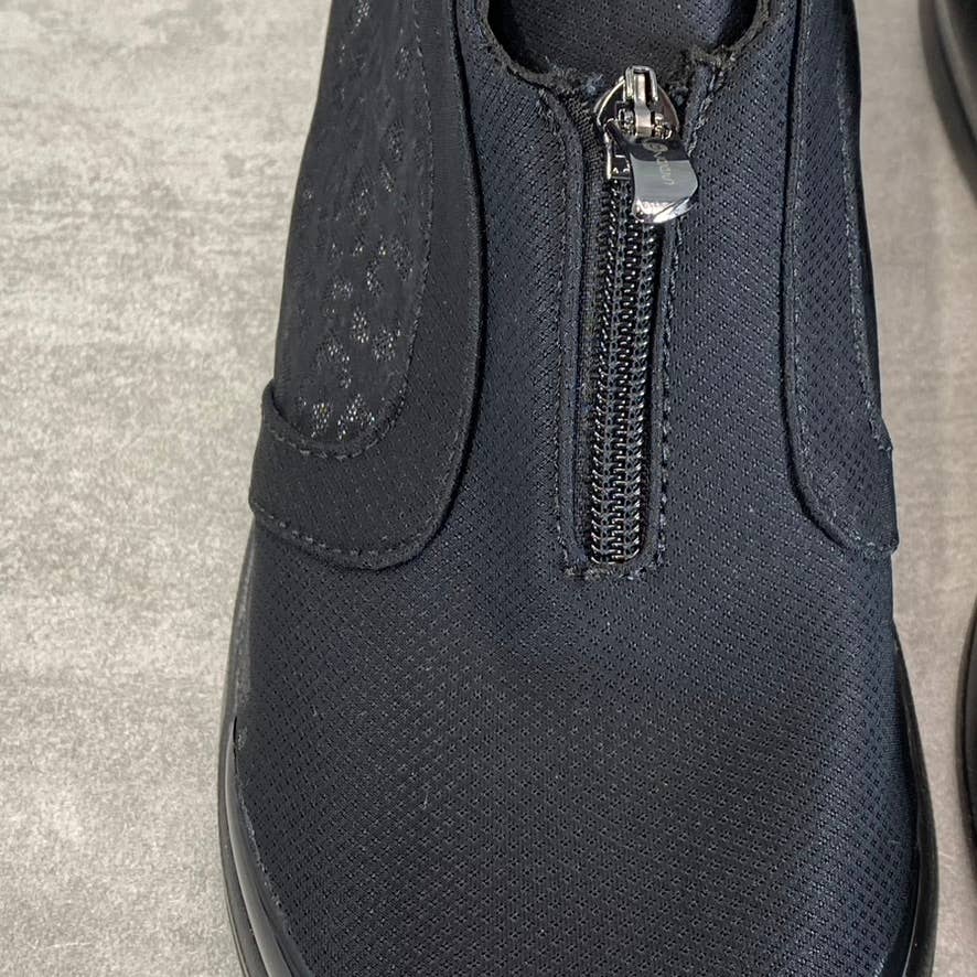 BZEES Women's Black Leopard Twill Fabric Florence Front-Zip Slip-On Sneaker SZ10
