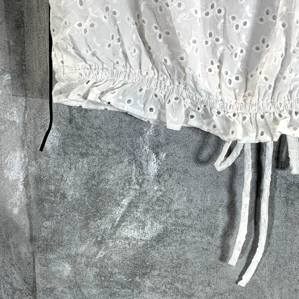 1.STATE Women's Ultra White Eyelet Raglan Sleeve Tie-Hem Crop Top SZ S