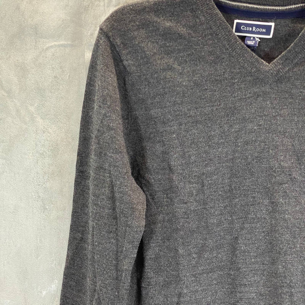 CLUB ROOM Men's Charcoal Solid Regular-Fit Merino Wool V-Neck Sweater SZ S