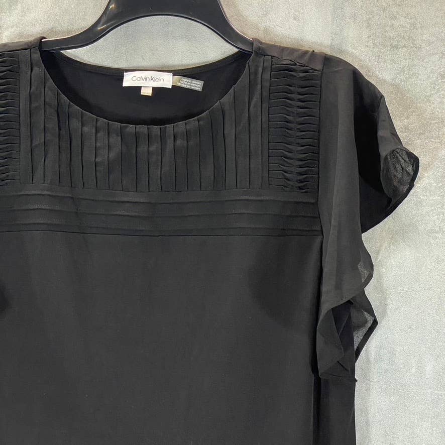 CALVIN KLEIN Women's Black Scoop-Neck Pintuck-Yoke Flutter-Sleeve Top SZ S