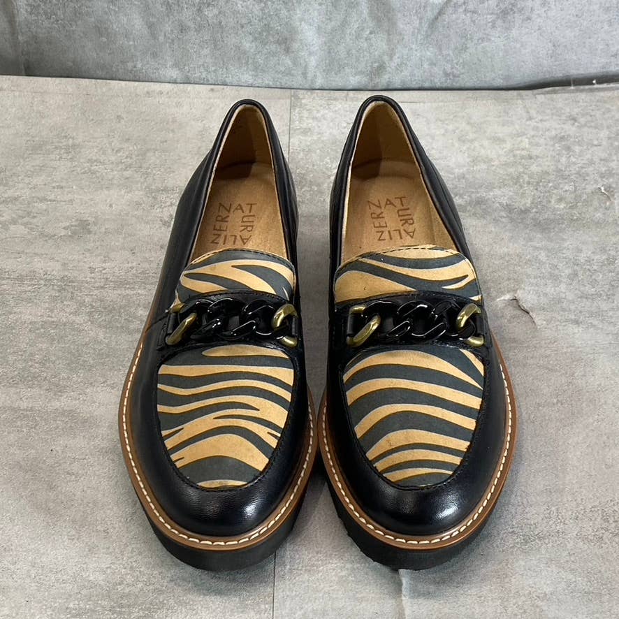 NATURALIZER Women's Black-Creme Zebra Print Chain-Detail Agnes Slip-On Loafers