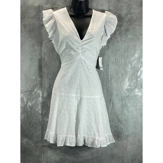 BAR III Women's Bright White Eyelet Ruched V-Neck Flutter Short Sleeve Dress