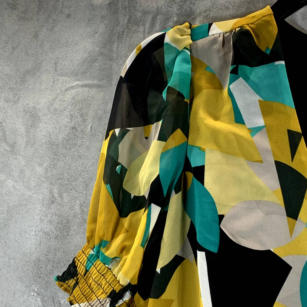 CALVIN KLEIN Women's Ochre Multi Printed V-Neck Smocked Top SZ S