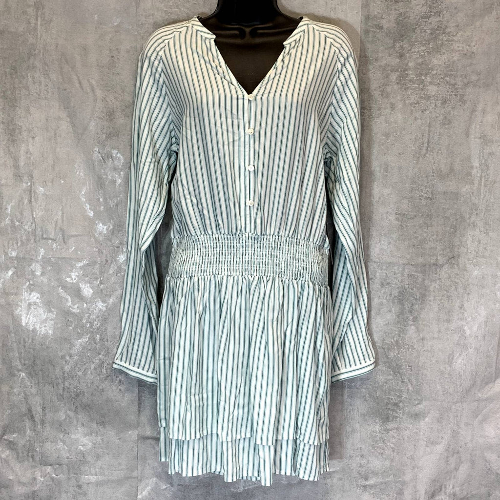 TART Collections Women's Green Stripe Sheila Smocked Waist Long Sleeve V-Neck Mini Dress SZ M