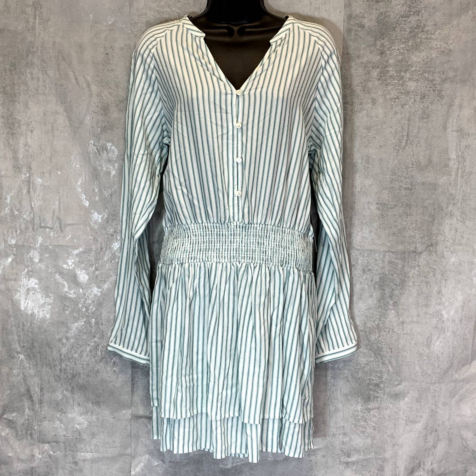 TART Collections Women's Green Stripe Sheila Smocked Waist Long Sleeve V-Neck Mini Dress SZ M
