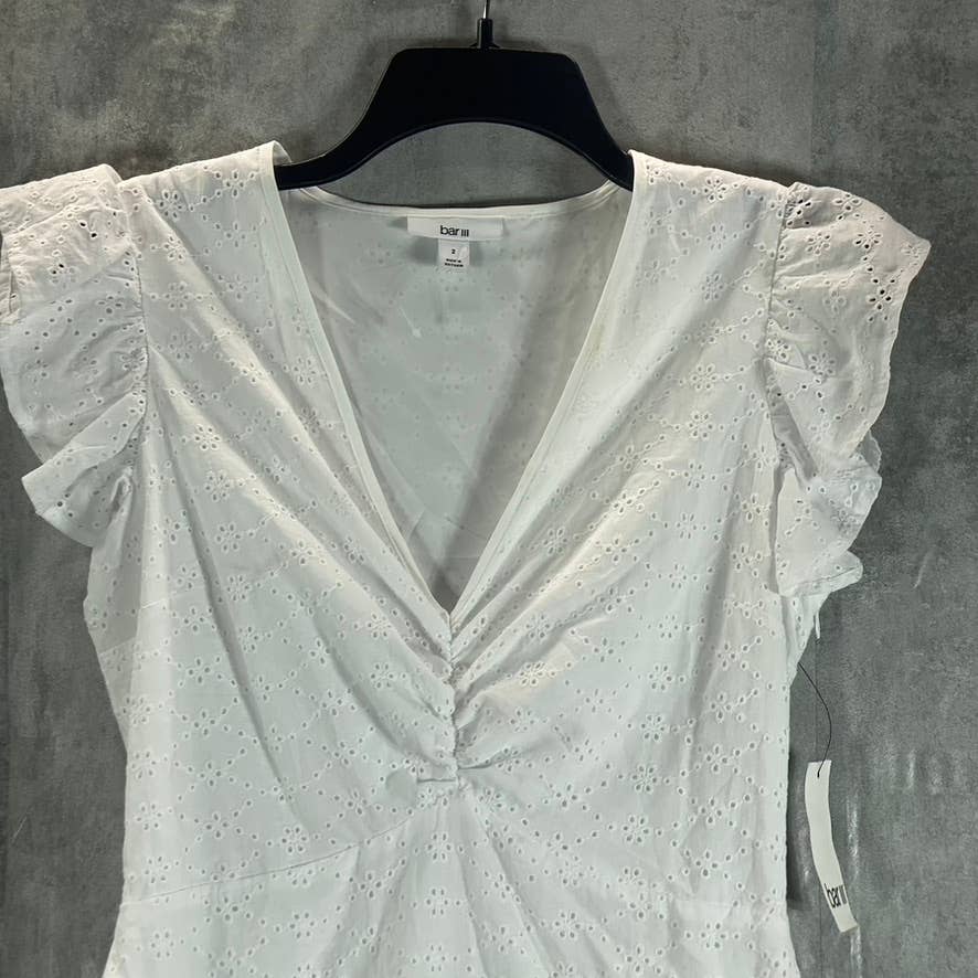 BAR III Women's Bright White Eyelet Ruched V-Neck Flutter Short Sleeve Dress