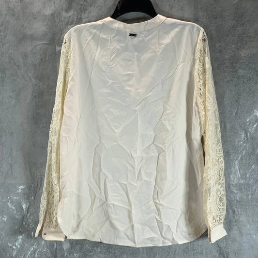 ANNE KLEIN Women's White Spilt-Neck Lace-Sleeve Top SZ M