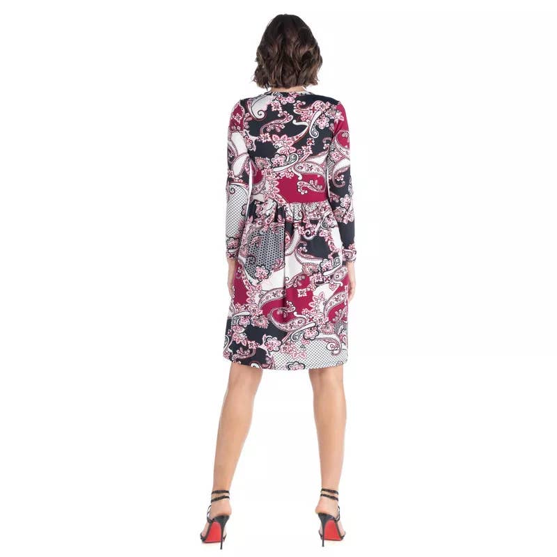 24SEVEN Comfort Apparel Women's Maroon Paisley-Print Long-Sleeve Fall Dress SZXL
