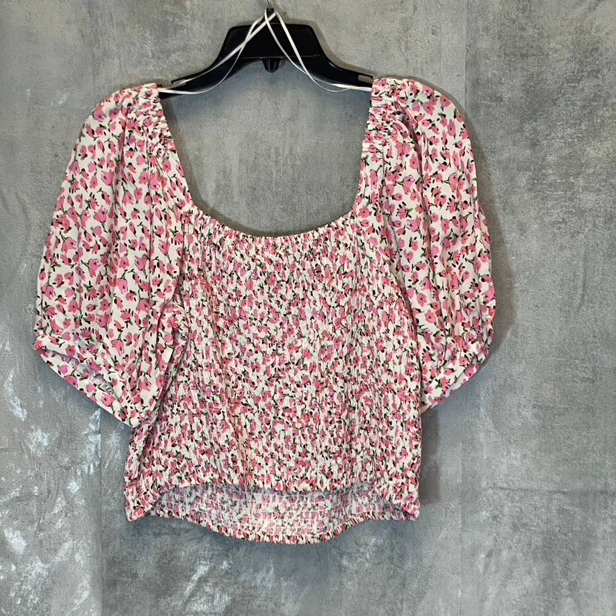 SOPHIE RUE Women's Pink Floral Print Shirred Blouse Puffy Sleeve Top SZ XL