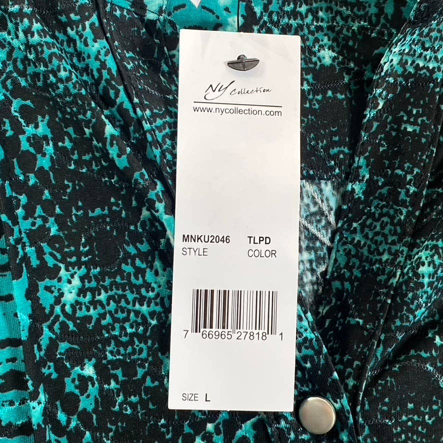 NY COLLECTION Women's Teal Plaid 3/4 Bell Sleeve Y-Neck Pleated Top SZ L