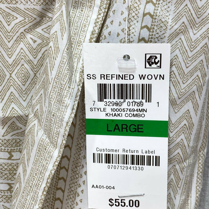 TASSO ELBA Brown Stretch Geo Tile-Print Camp Collar Short Sleeve Shirt SZ L