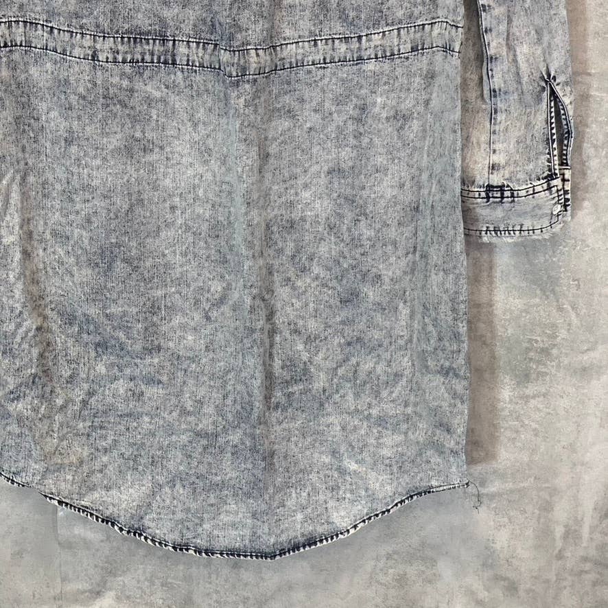 CLOTH & STONE Women's Acid Wash Frayed Banded Collar Button-Up Long Sleeve Mini Shirt Dress SZ S