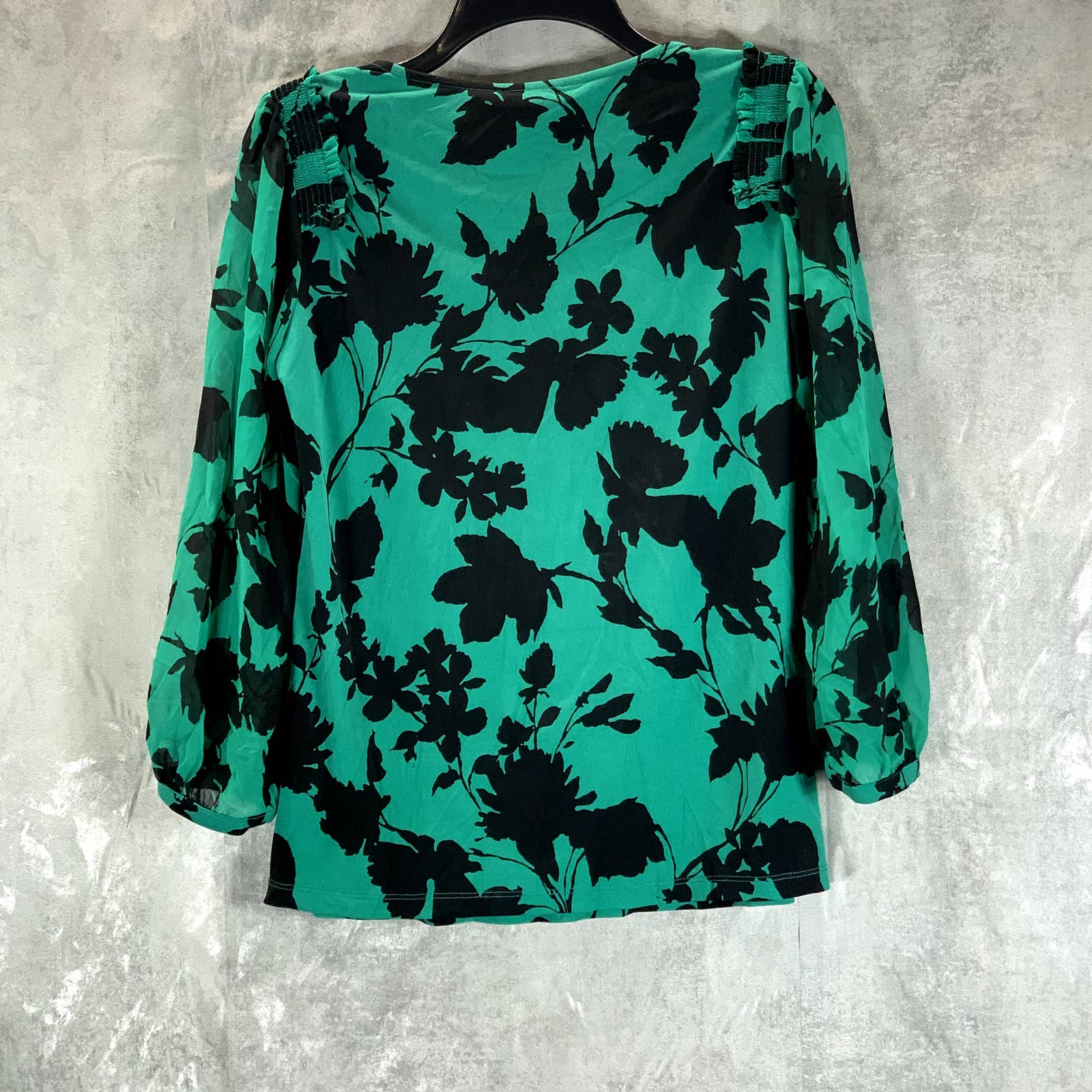 CALVIN KLEIN Women's Green-Black Printed Crewneck Sheer Long Sleeve Top SZ XS