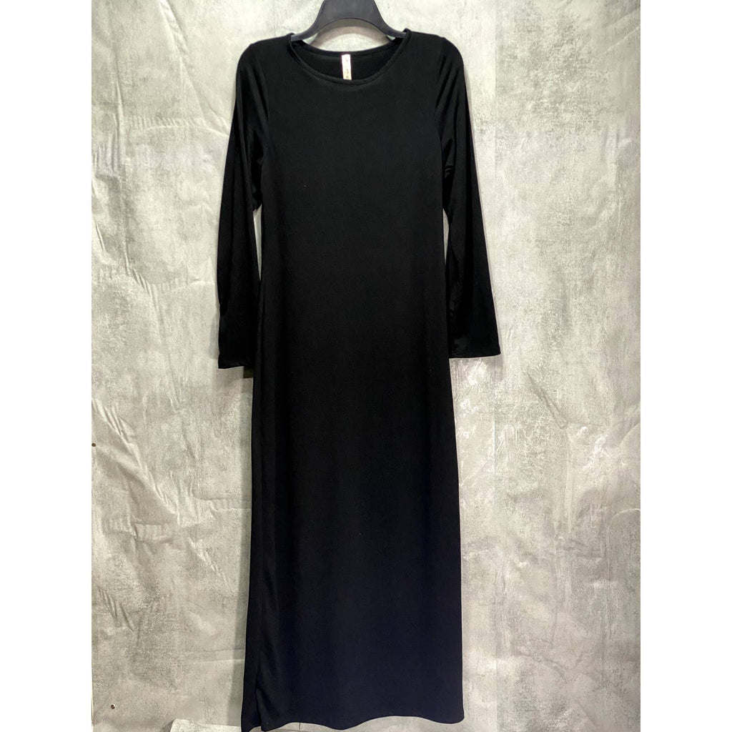 24SEVEN COMFORT APPAREL Solid Black Fitted Long Sleeve Side Slit Maxi Dress SZ XL