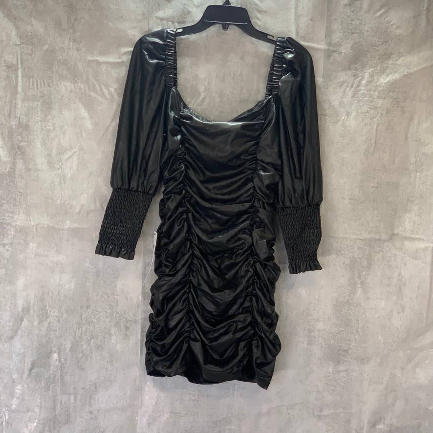 TOPSHOP Black Faux Leather 3/4 Sleeve Ruched Mini Dress SZ 10