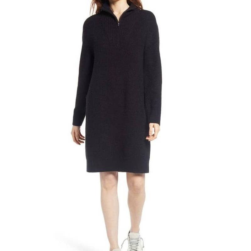 TREASURE & BOND Women's Solid Black Half-Zip Mock Neck Long Sleeve Sweater Dress SZ S