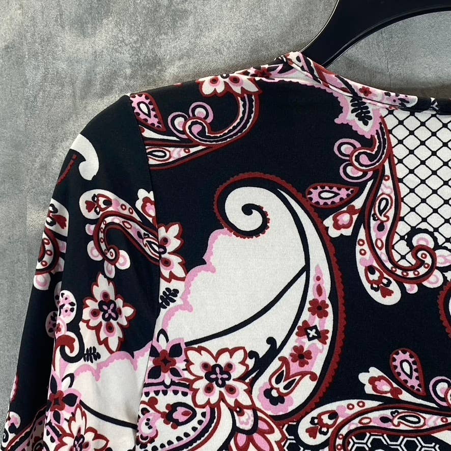 24SEVEN Comfort Apparel Women's Burgundy Printed Faux-Wrap 3/4 Sleeve Dress SZ M