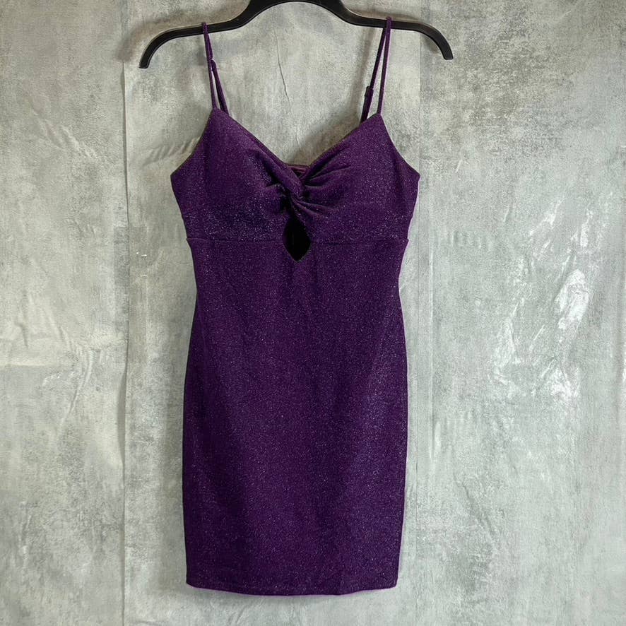 CITY STUDIO Juniors' Purple Glitter Twist-Front Cutout Bodycon Mini Dress SZ M