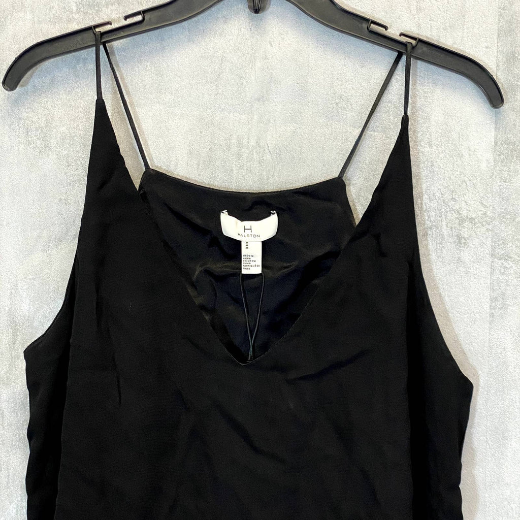 H HALSTON Women's Solid Black V-Neck Lined Spaghetti Strap Camisole Top SZ M