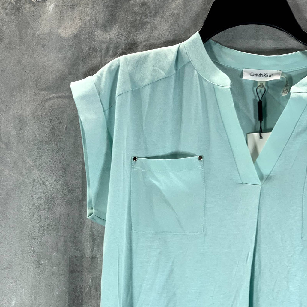 CALVIN KLEIN Women's Seaspray V-Neck Mixed-Texture Short Sleeve Top SZ XS