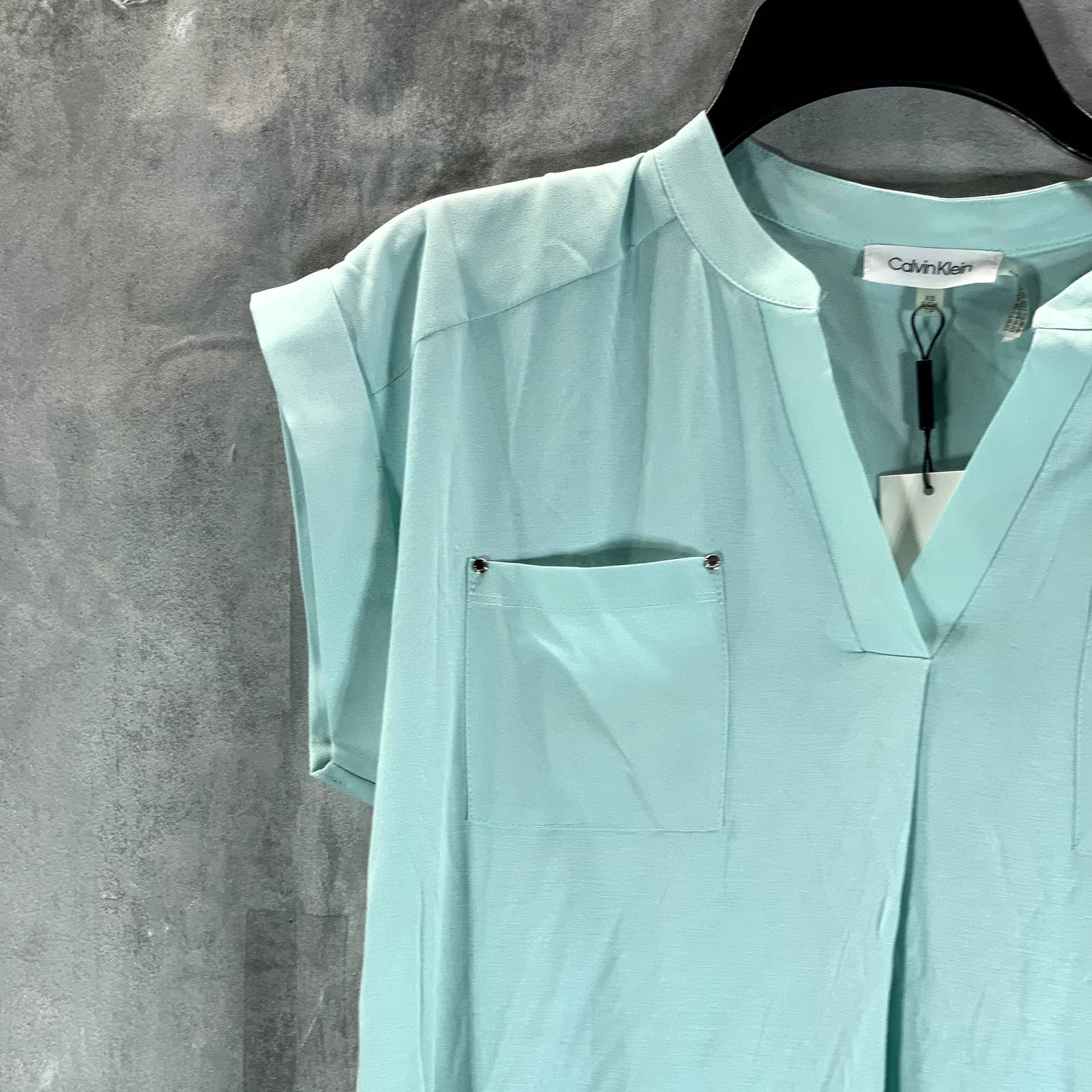 CALVIN KLEIN Women's Seaspray V-Neck Mixed-Texture Short Sleeve Top SZ XS