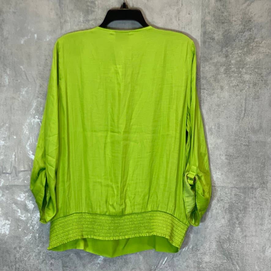 JM COLLECTION Women's Parrot Green Surplice-Neck Tie-Cuff Smocked-Hem Blouse SZ L