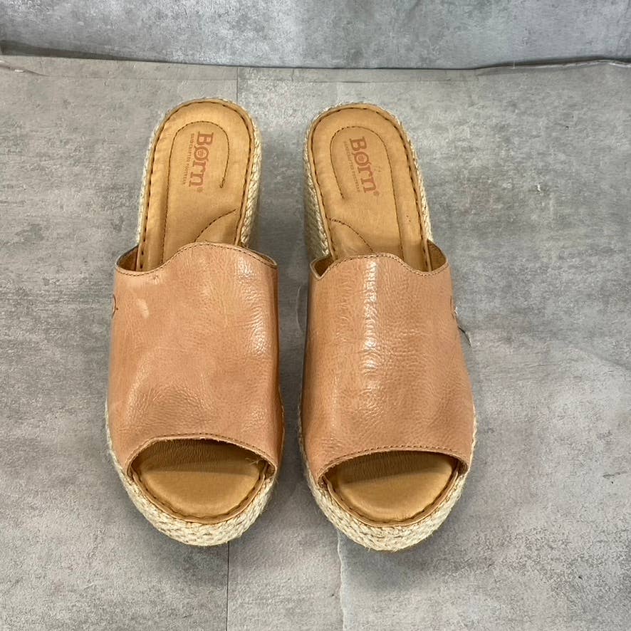 BORN Women's Tan Leather Lilah Round-Toe Slip-On Wedge Platform Sandals SZ 9