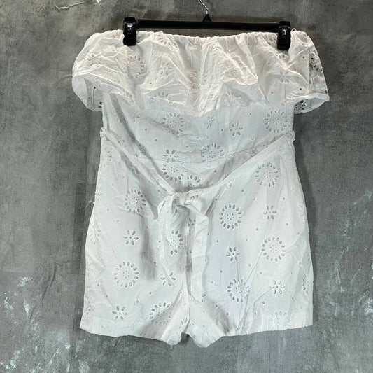 BAR III Women's Bright White Ruffled Strapless Eyelet Tie-Waist Romper SZ 12