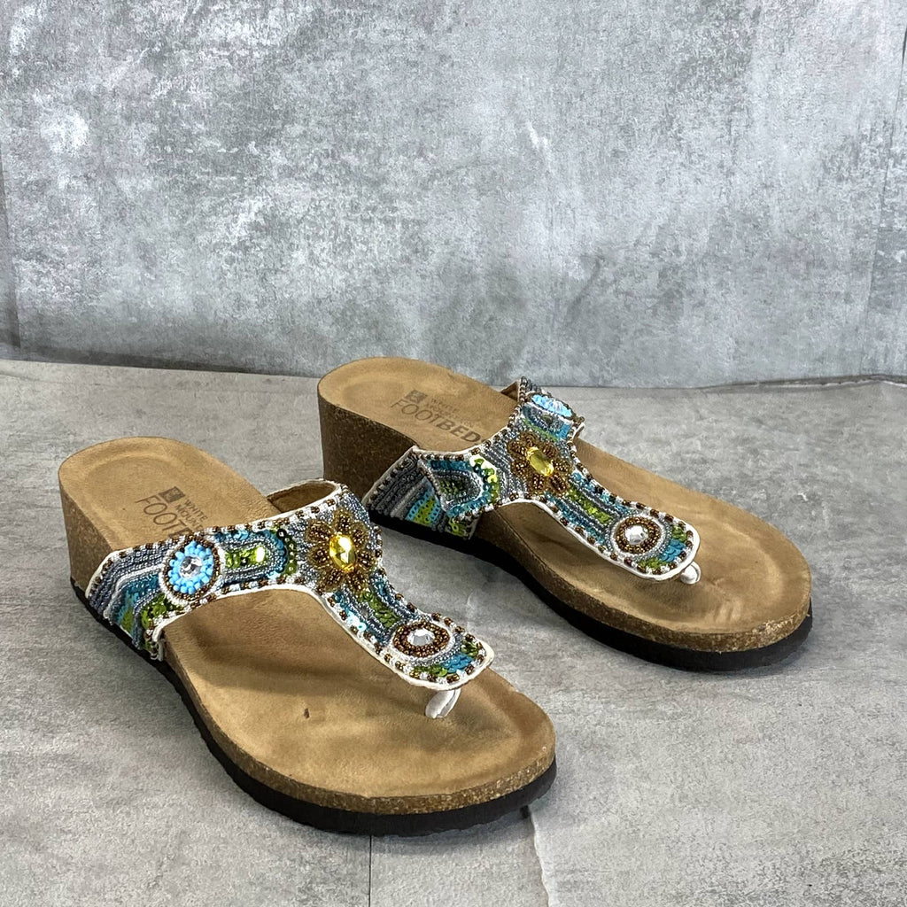 WHITE MOUNTAIN Women's Beige Beaded Bluejay Wedge Slip-On Thong Sandals SZ 6