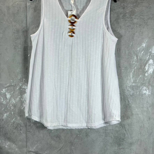 NY COLLECTION Women's White V-Neck Triple-Ring Sleeveless Ribbed Top SZ L